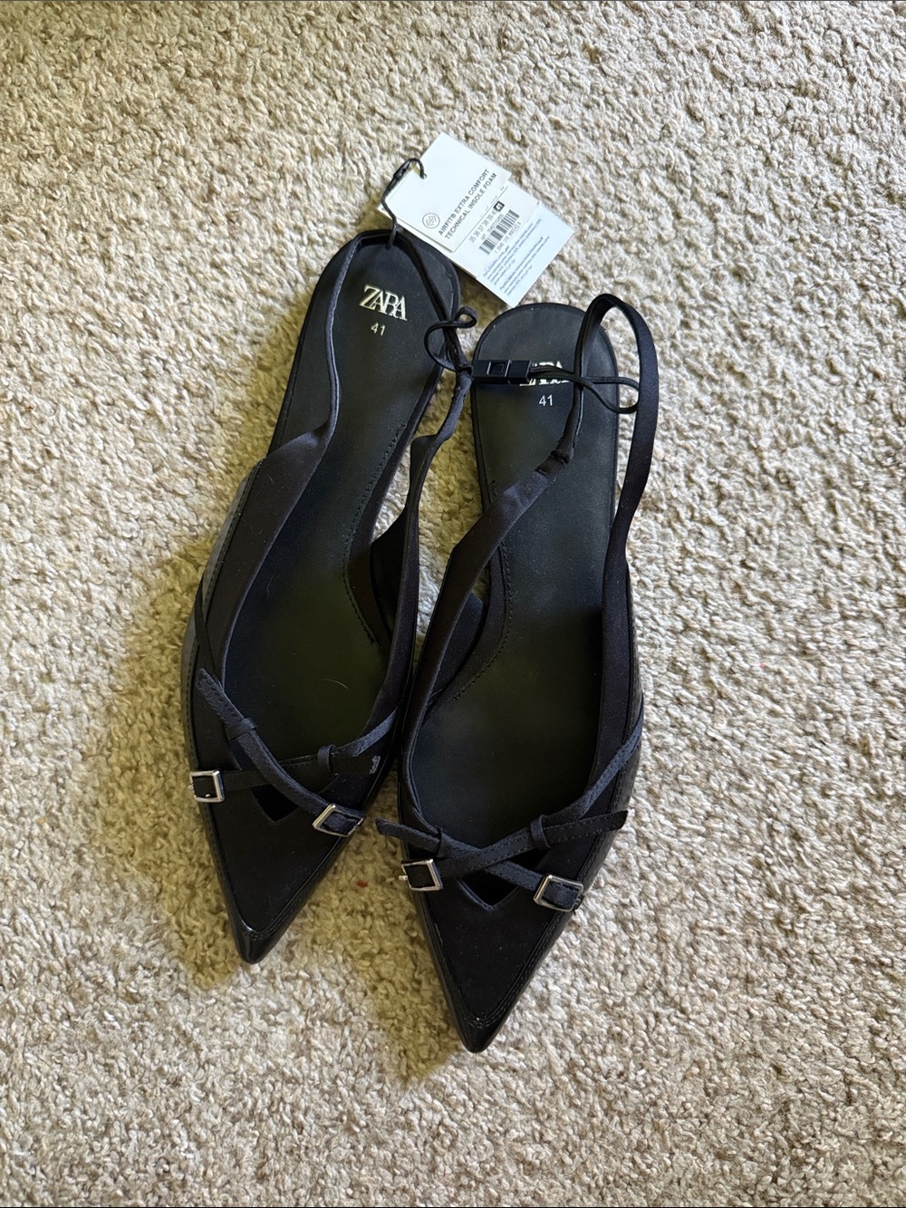 Zara Black Pointed Slingback Flats with Buckle Detail